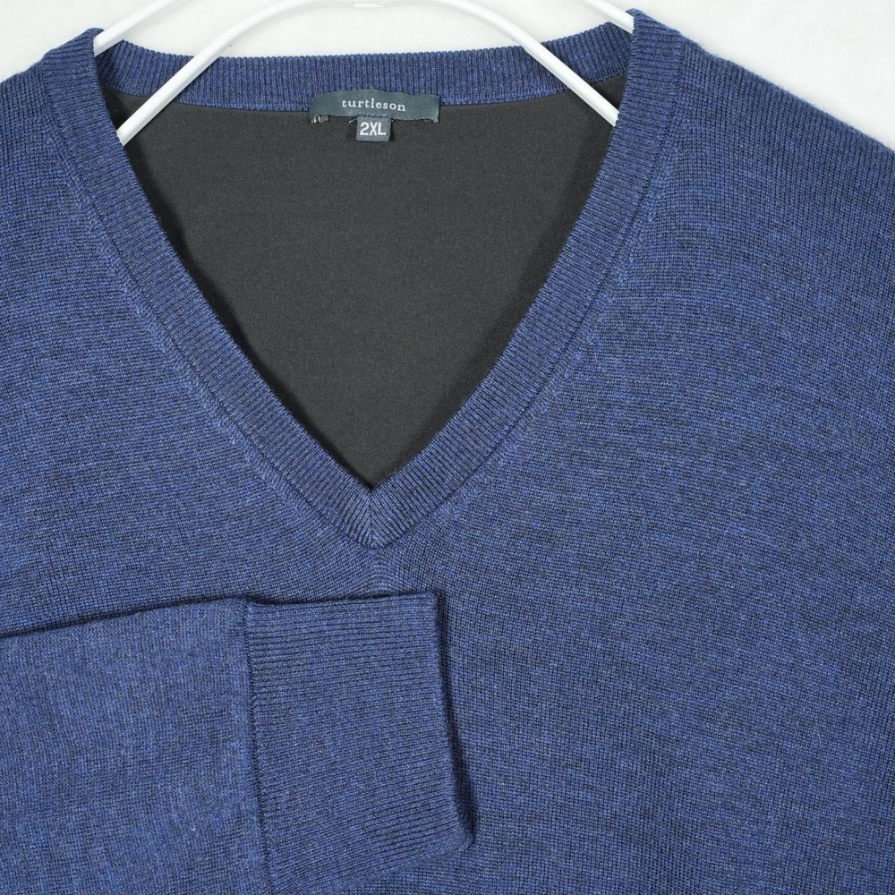 Turtleson Mens 2XL Blue 100% Extra Fine Merino‎ Wool V-Neck Knit Lined Sweater